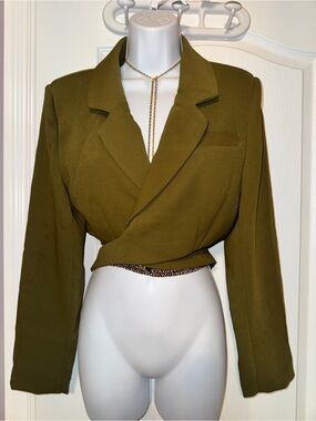 Torn by Ronny Kobo Olive Cutout Cropped Blazer | Size Large